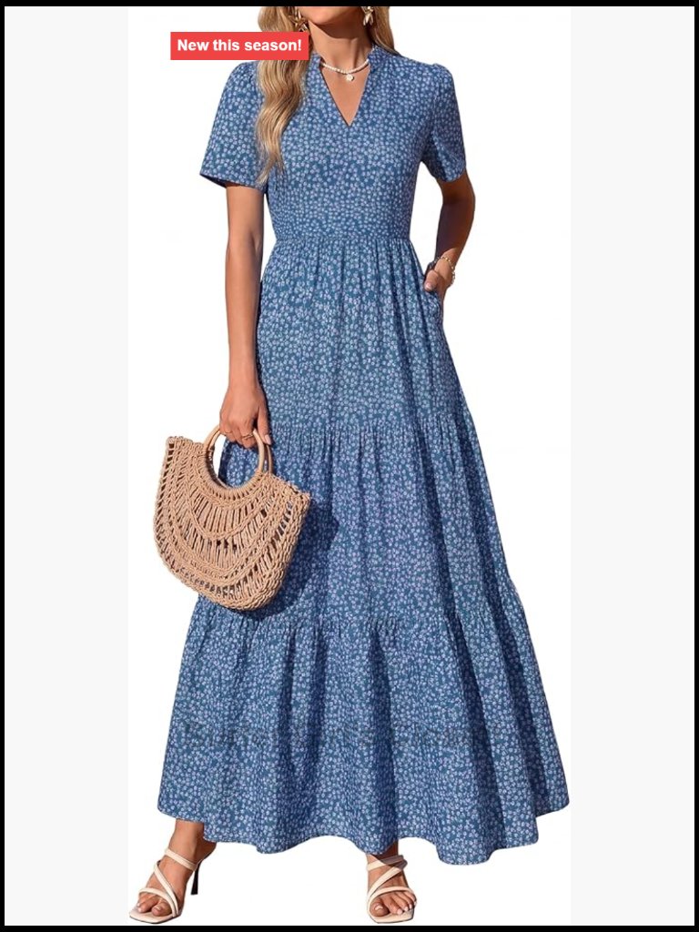 Short Sleeve V Neck Boho Flowy A Line Smocked Floral Maxi Beach Dress